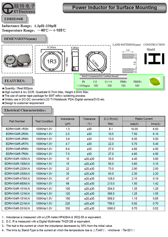 小焊盘大电流功率绕线电感EDRH104R