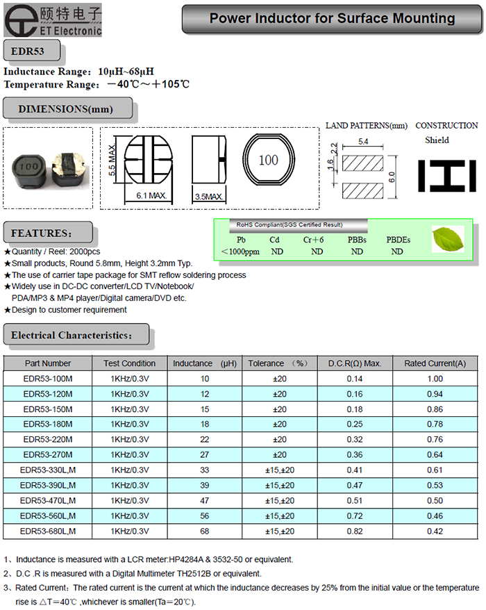 大電流功率電感EDR53